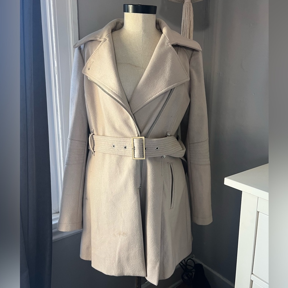 KENNETH COLE New York Beige Cream Wool Blend Belted Dress Coat size 14